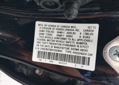 2015 Honda Civic Ex-L из США, поврежденный, VIN 2HGFB2F96FH529643